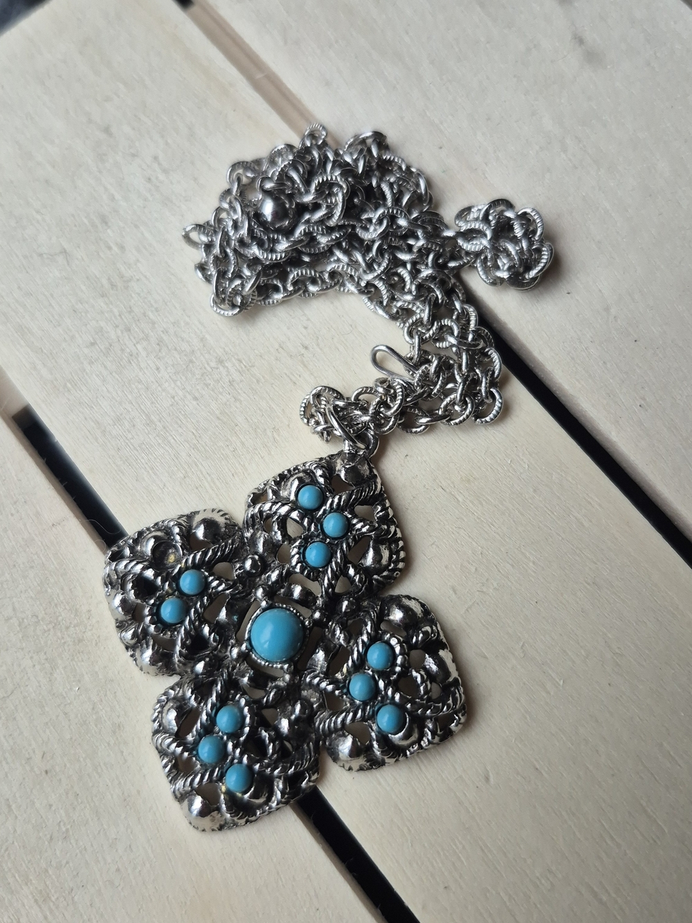 Avon Vintage-Inspired Silver Pendant Necklace with Turquoise Accents